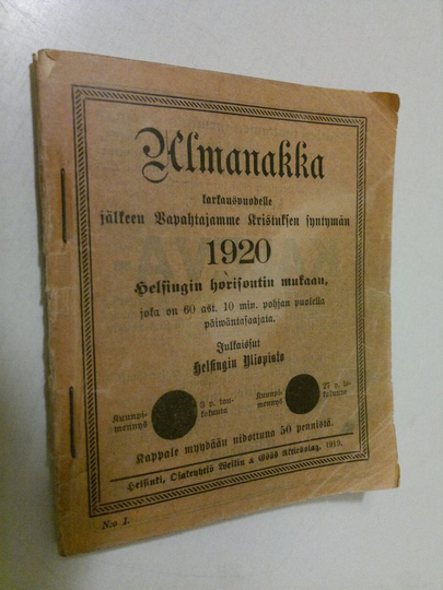 Almanakka karkausvuodelle jälkeen vapahtajamme Kristuksen syntymän 1920 Helsingin horisontin mukaan