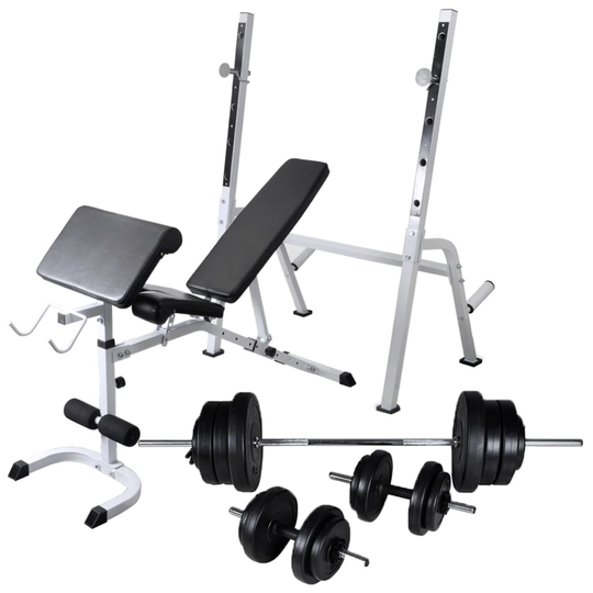 vidaXL Kuntopenkki painotangolla + levy- ja käsipainosarja 60,5 kg